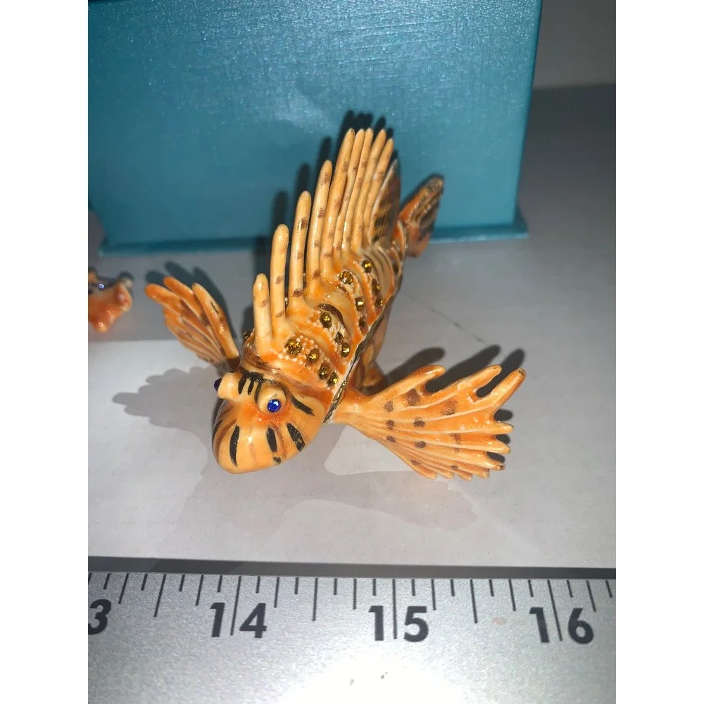 Lionfish and Conch Shell Enamel Trinket Boxes Set Crystal Accents Coastal Decor